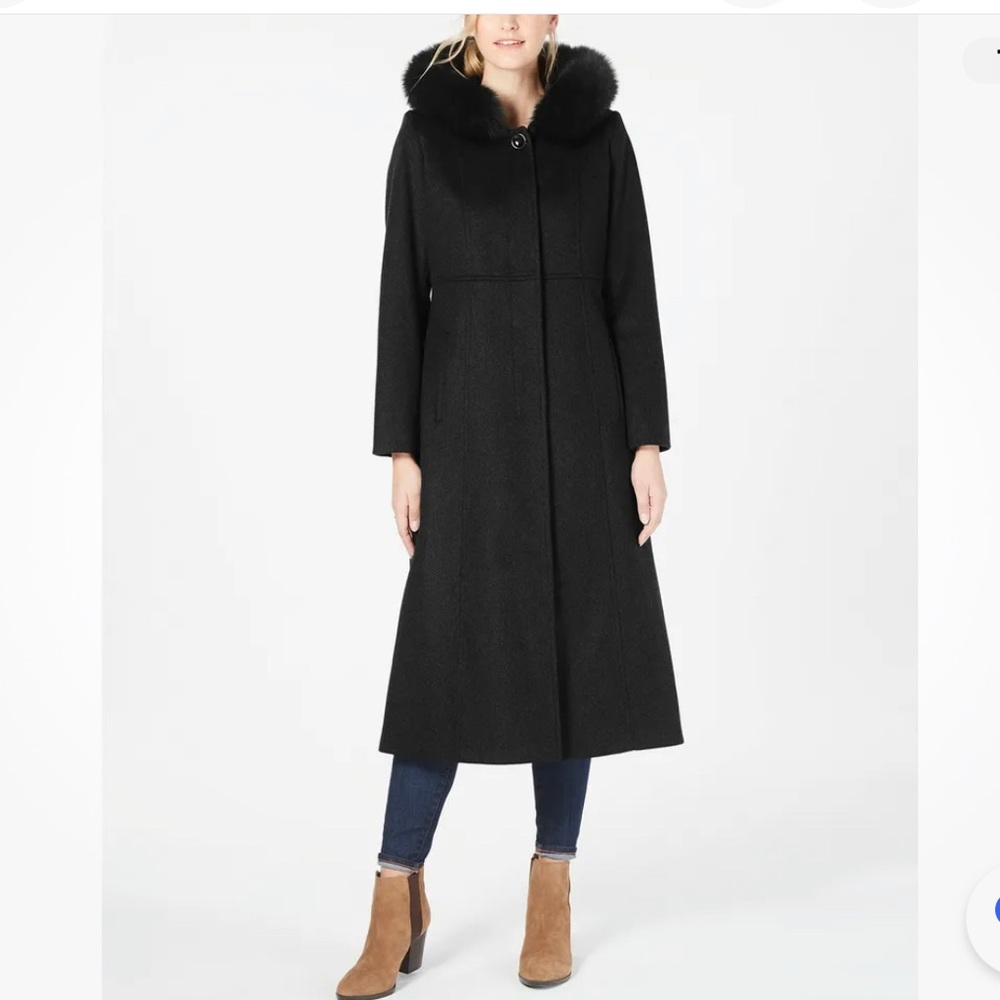 Forecaster of Boston Platinum Hooded Maxi Coat w/real fox trim, charcoal, sz 12